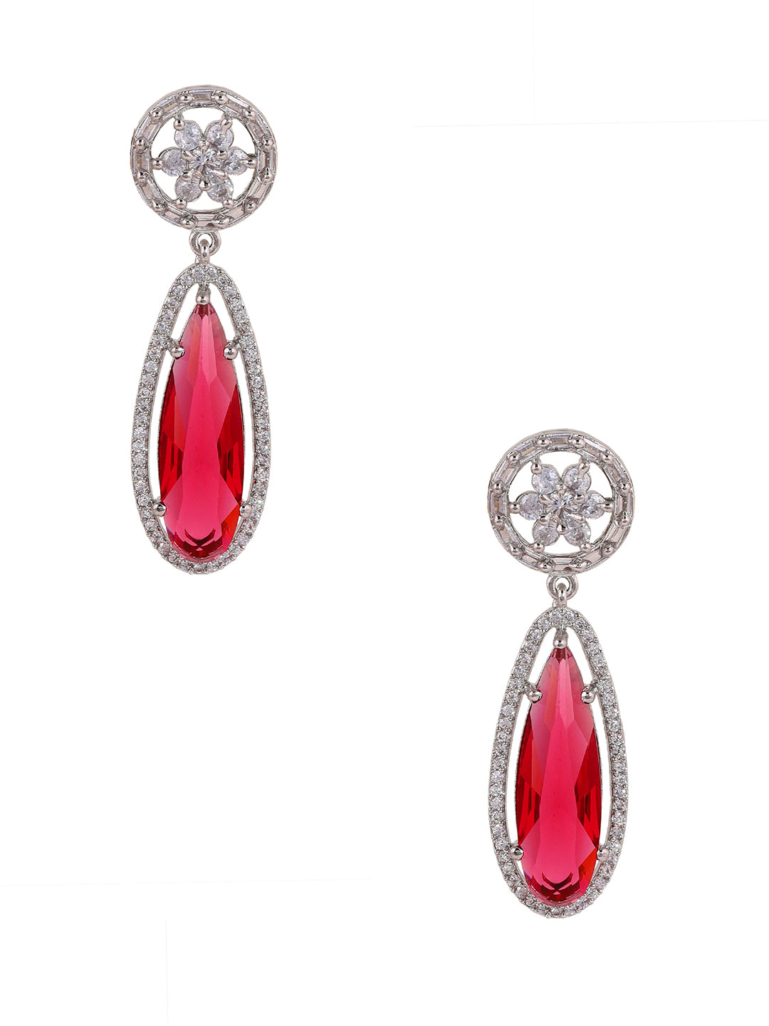 Priyaasi AD Blooming Floral Silver Plating Red Stone Drop Style Earrings