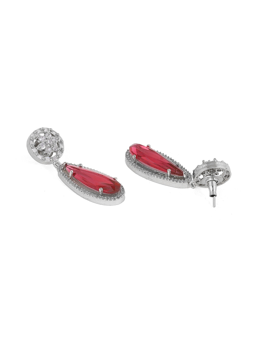 Priyaasi AD Blooming Floral Silver Plating Red Stone Drop Style Earrings