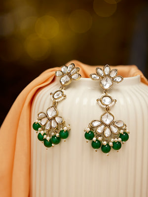 Priyaasi Floral Elegance Kundan Green Pearl Beads Gold Plated Drop Earrings