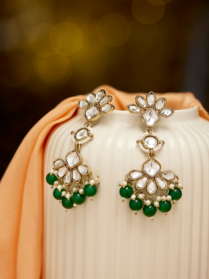Priyaasi Floral Elegance Kundan Green Pearl Beads Gold Plated Drop Earrings