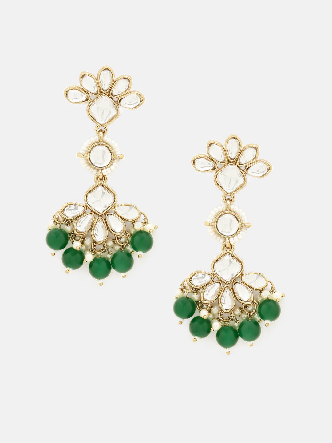 Priyaasi Floral Elegance Kundan Green Pearl Beads Gold Plated Drop Earrings