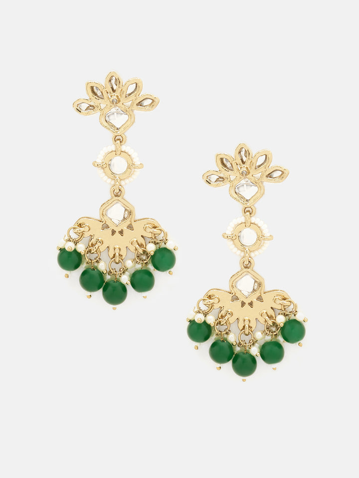 Priyaasi Floral Elegance Kundan Green Pearl Beads Gold Plated Drop Earrings