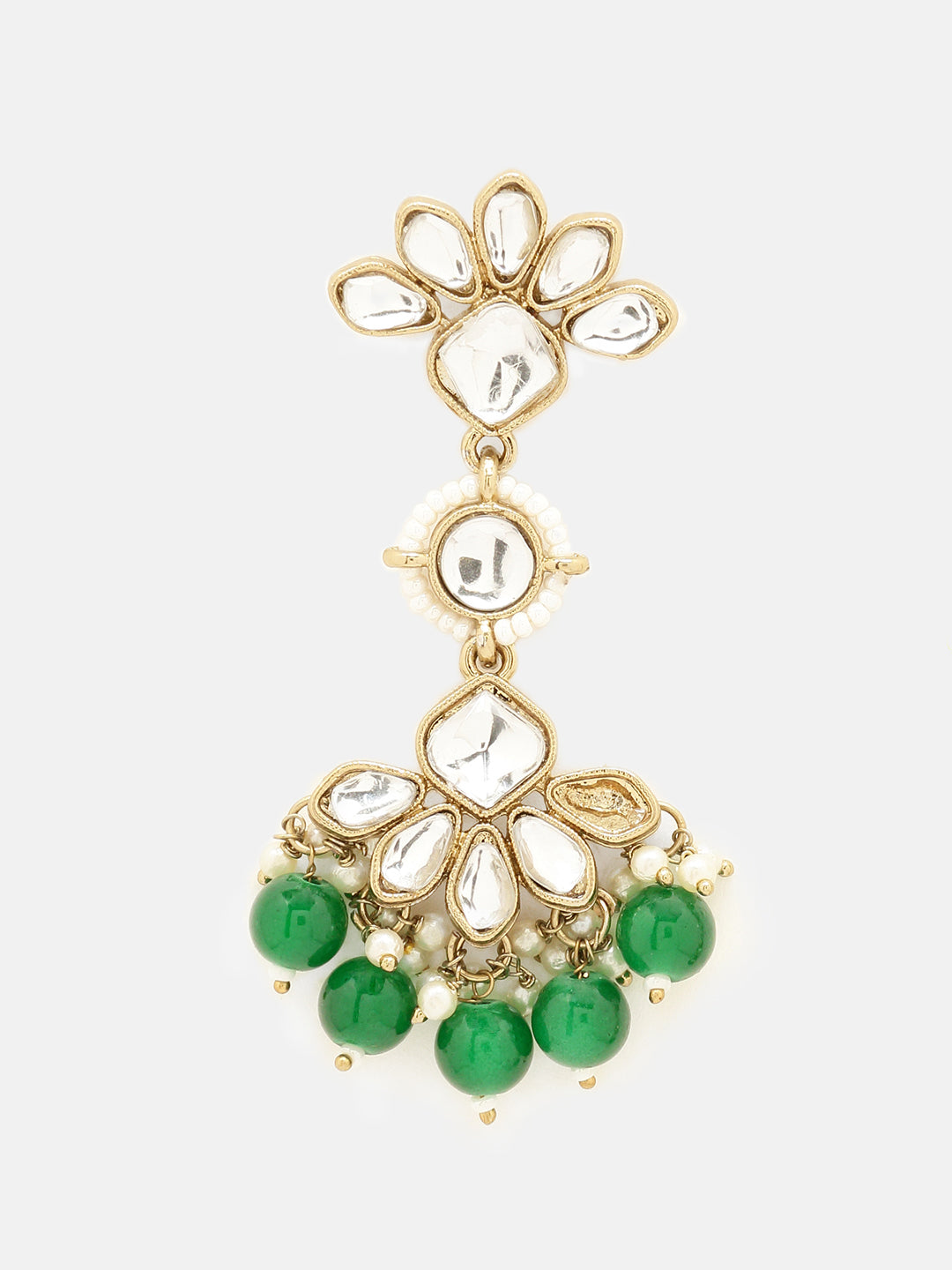 Priyaasi Floral Elegance Kundan Green Pearl Beads Gold Plated Drop Earrings