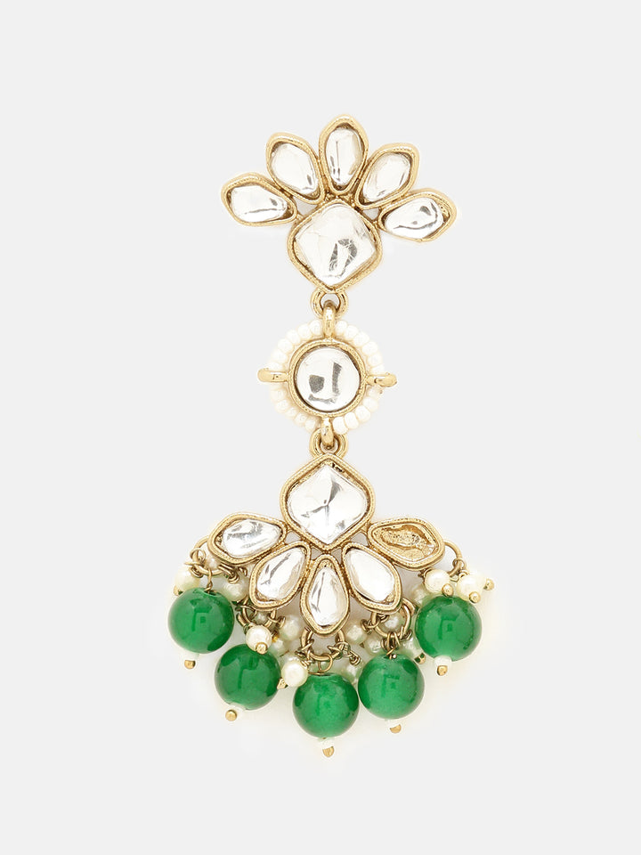 Priyaasi Floral Elegance Kundan Green Pearl Beads Gold Plated Drop Earrings