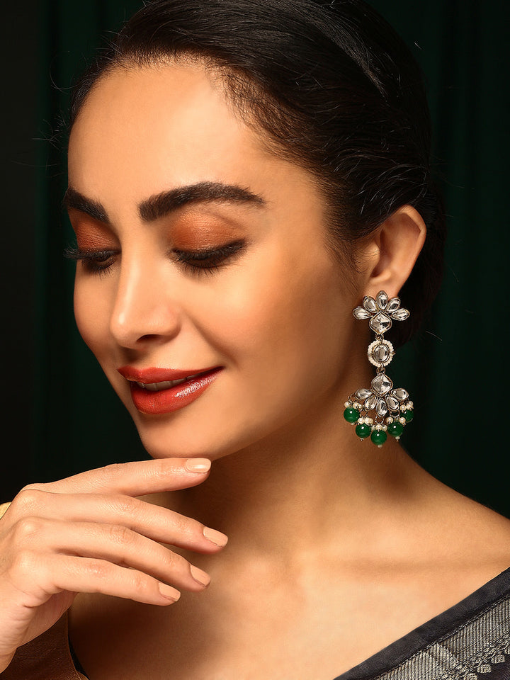 Priyaasi Floral Elegance Kundan Green Pearl Beads Gold Plated Drop Earrings
