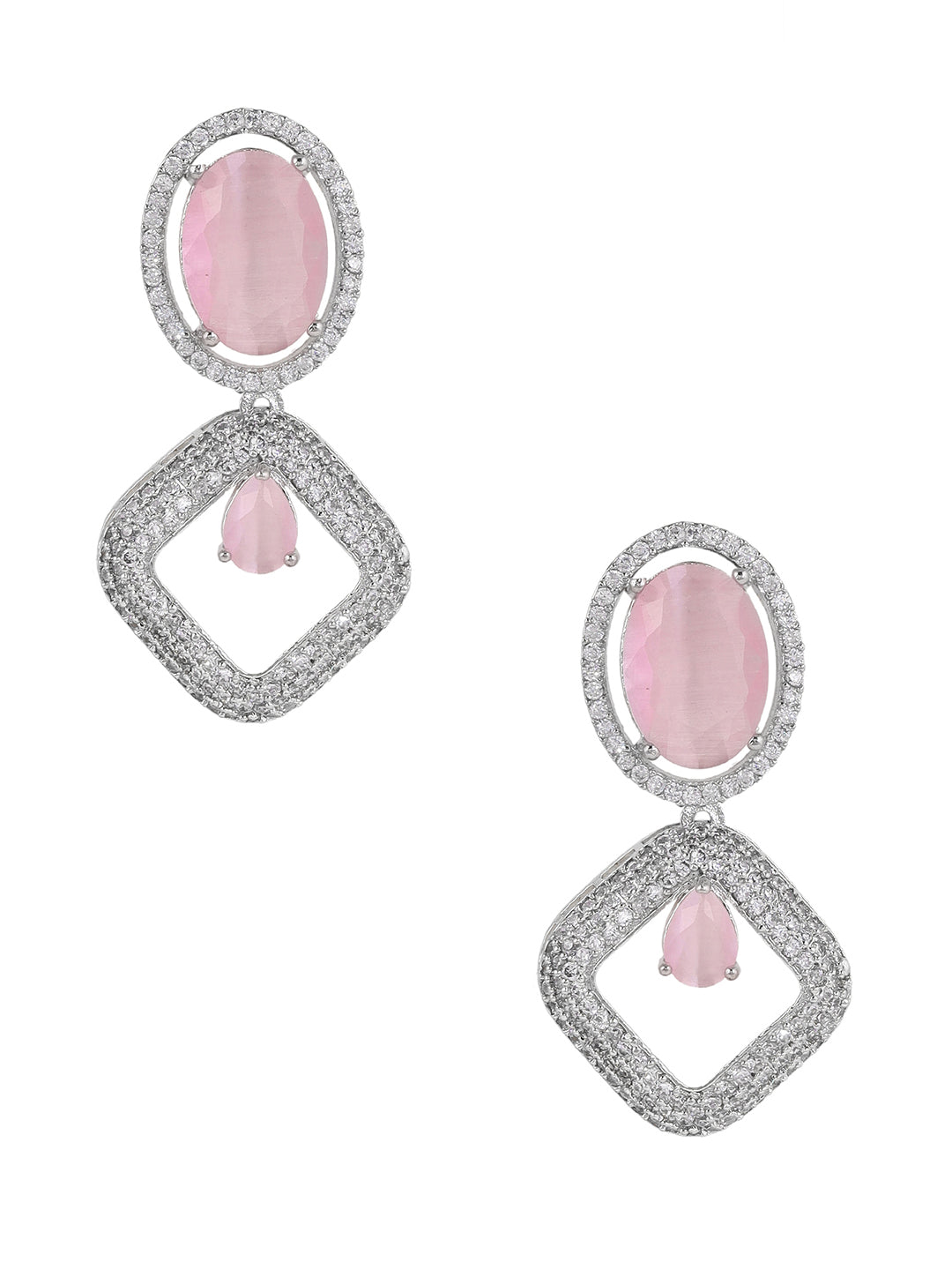 Priyaasi Pink Stone AD Geometrical Silver Plating Stylish Drop Earrings