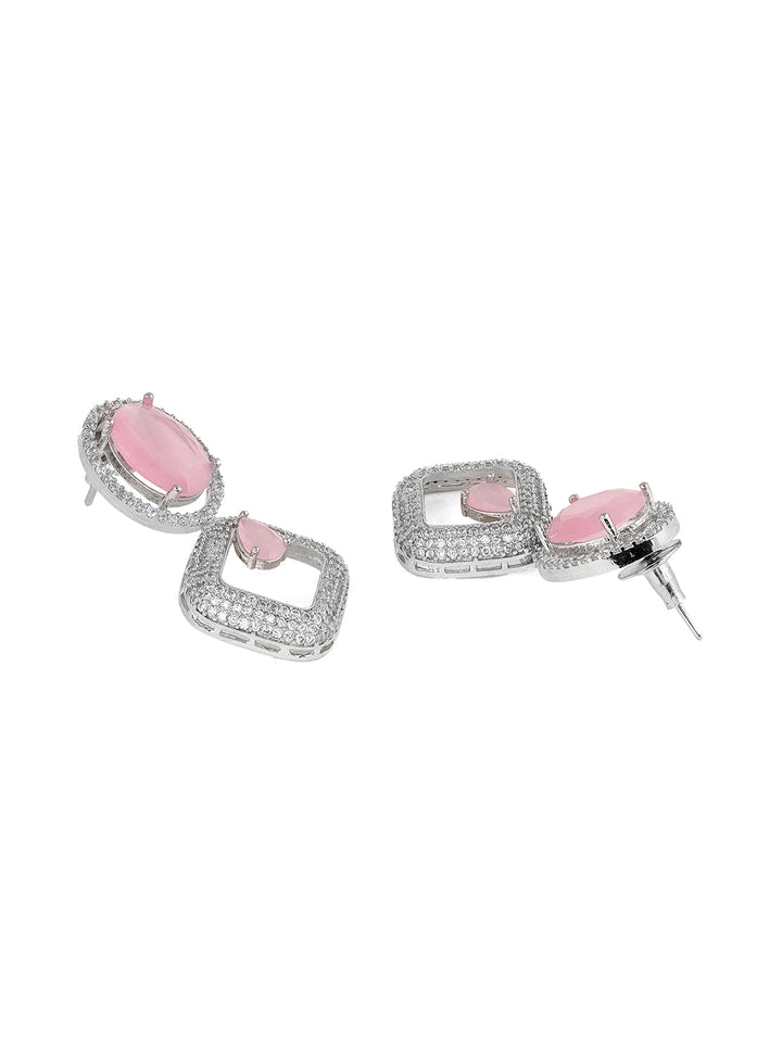 Priyaasi Pink Stone AD Geometrical Silver Plating Stylish Drop Earrings