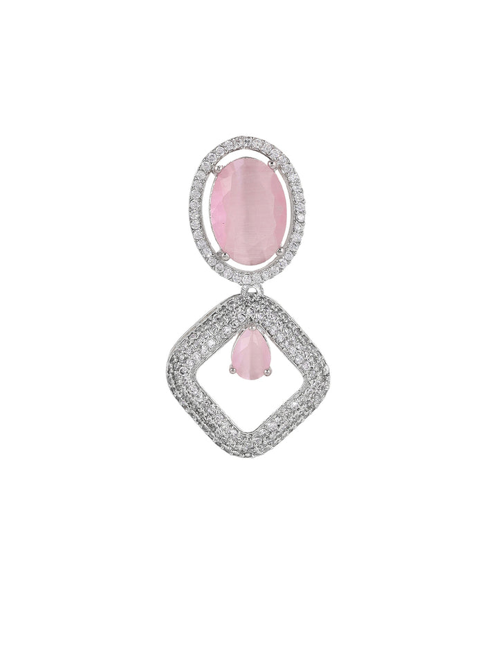 Priyaasi Pink Stone AD Geometrical Silver Plating Stylish Drop Earrings