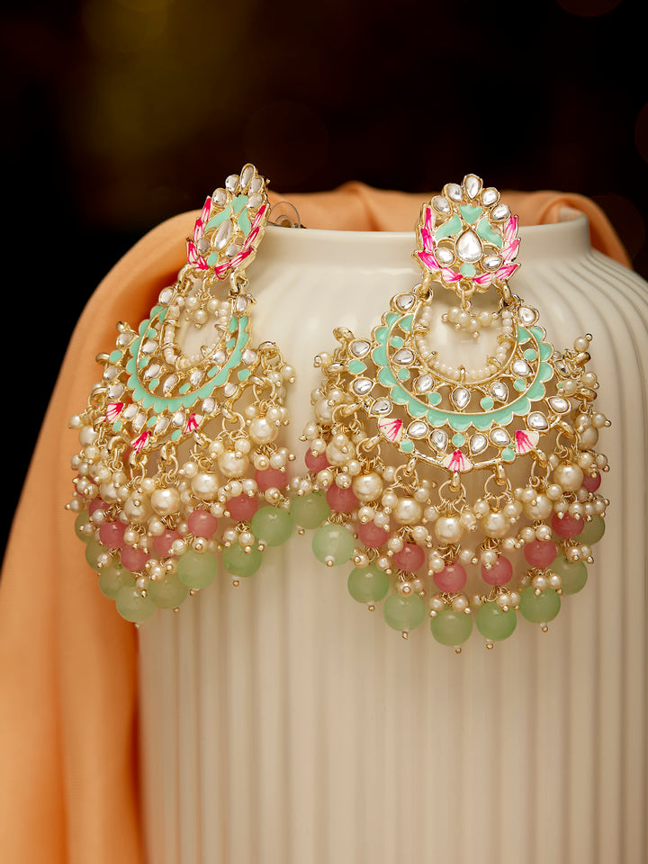 Priyaasi Peach Mint Floral Meenakari Kundan Chandbali Gold Plated Earrings