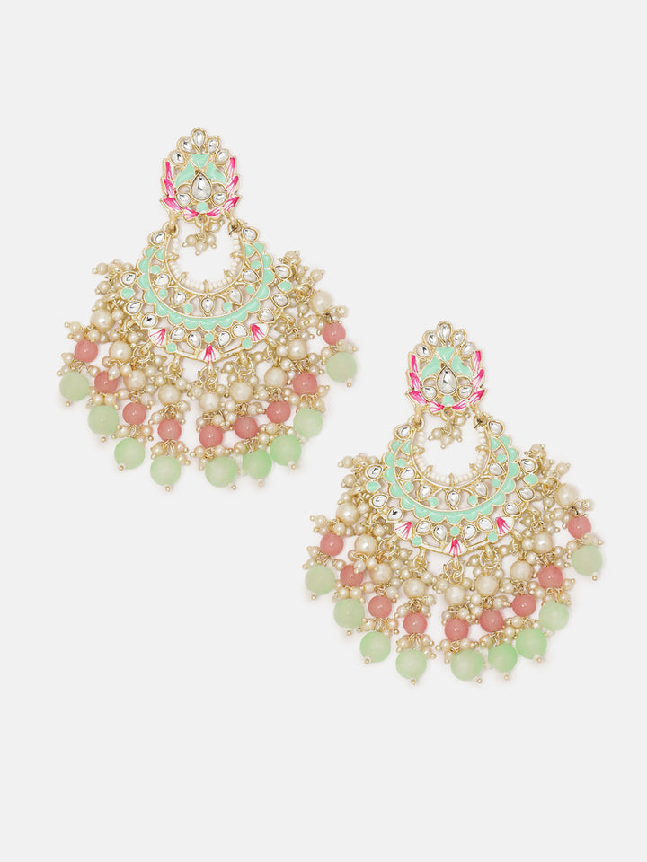 Priyaasi Peach Mint Floral Meenakari Kundan Chandbali Gold Plated Earrings