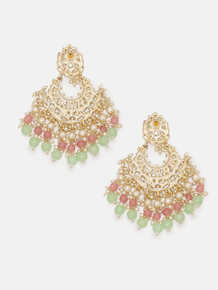Priyaasi Peach Mint Floral Meenakari Kundan Chandbali Gold Plated Earrings