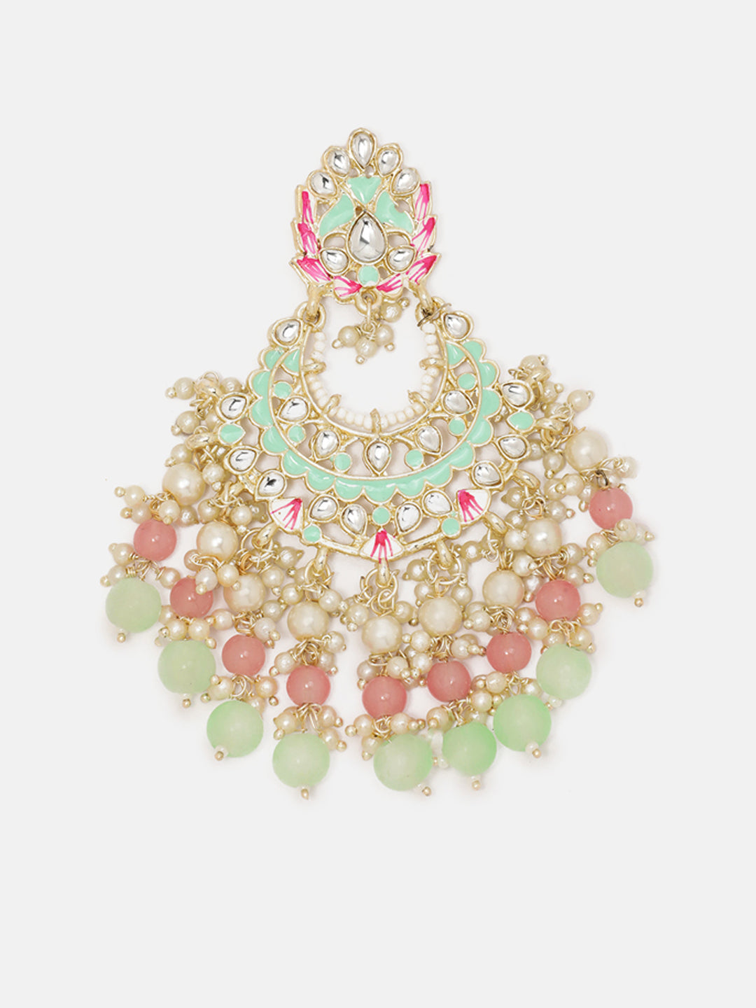 Priyaasi Peach Mint Floral Meenakari Kundan Chandbali Gold Plated Earrings