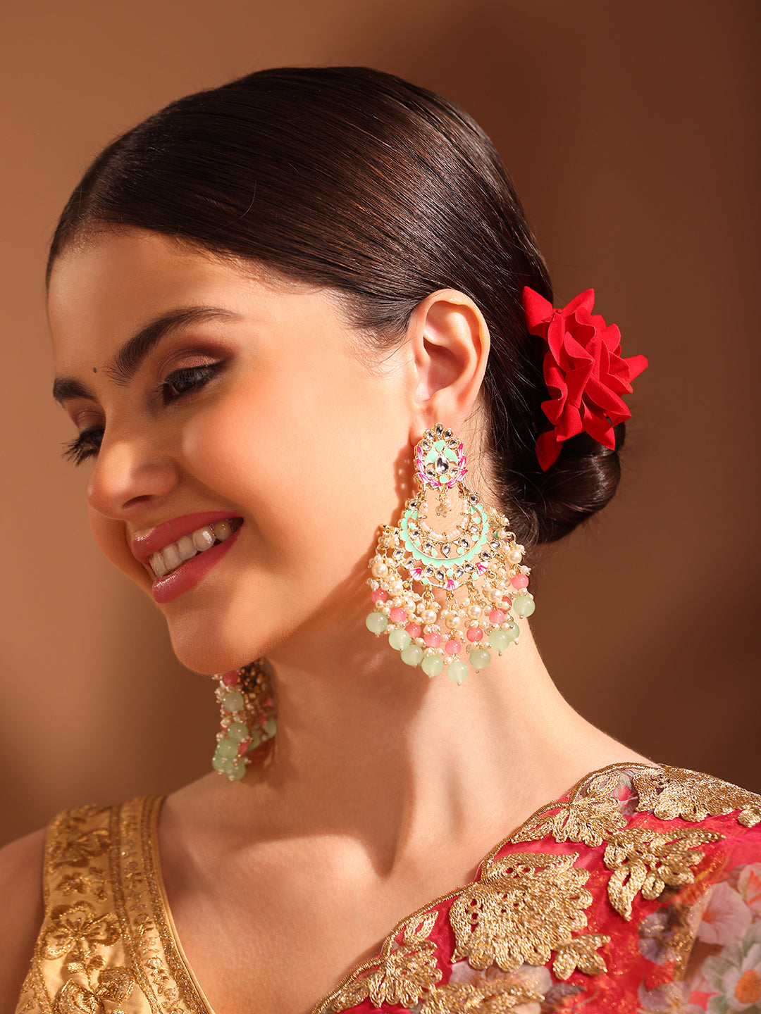 Priyaasi Peach Mint Floral Meenakari Kundan Chandbali Gold Plated Earrings