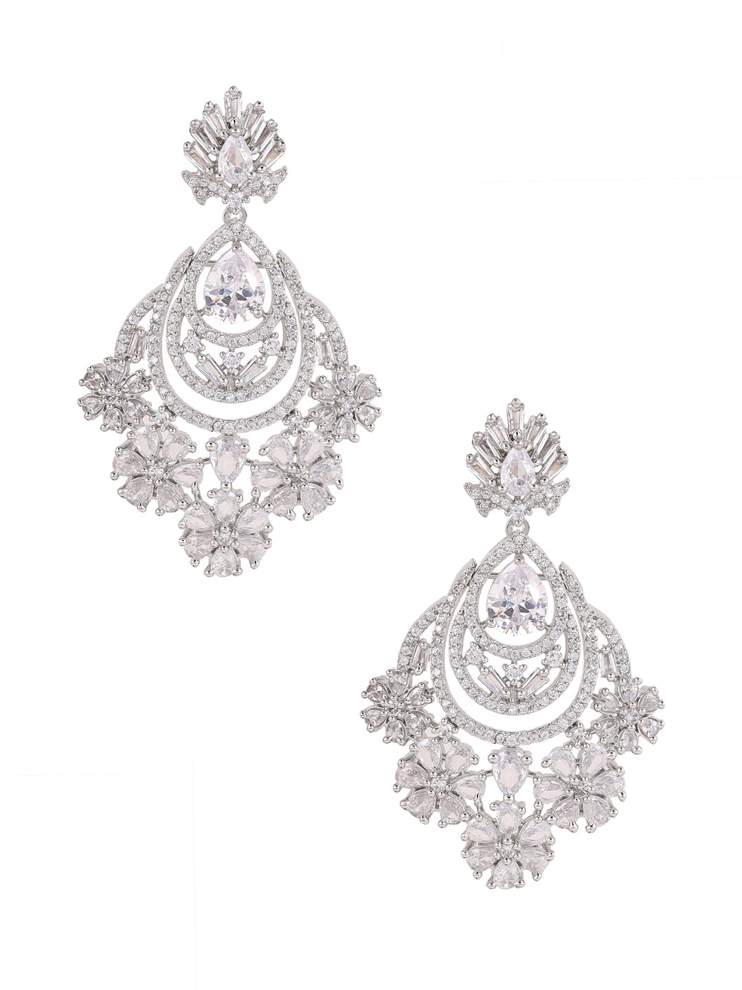 Priyaasi AD Stones Splendor Floral Design Silver Plated Drop Earrings