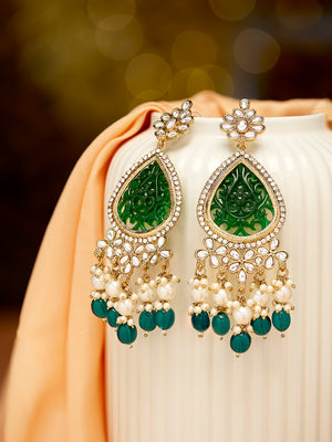 Priyaasi Emerald Floral Design Green Pearl Beads Drop Pattern Gold Plated Earrings