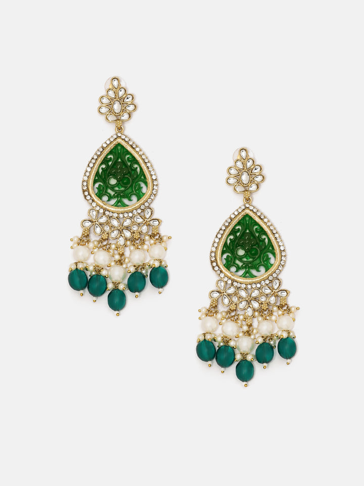 Priyaasi Emerald Floral Design Green Pearl Beads Drop Pattern Gold Plated Earrings