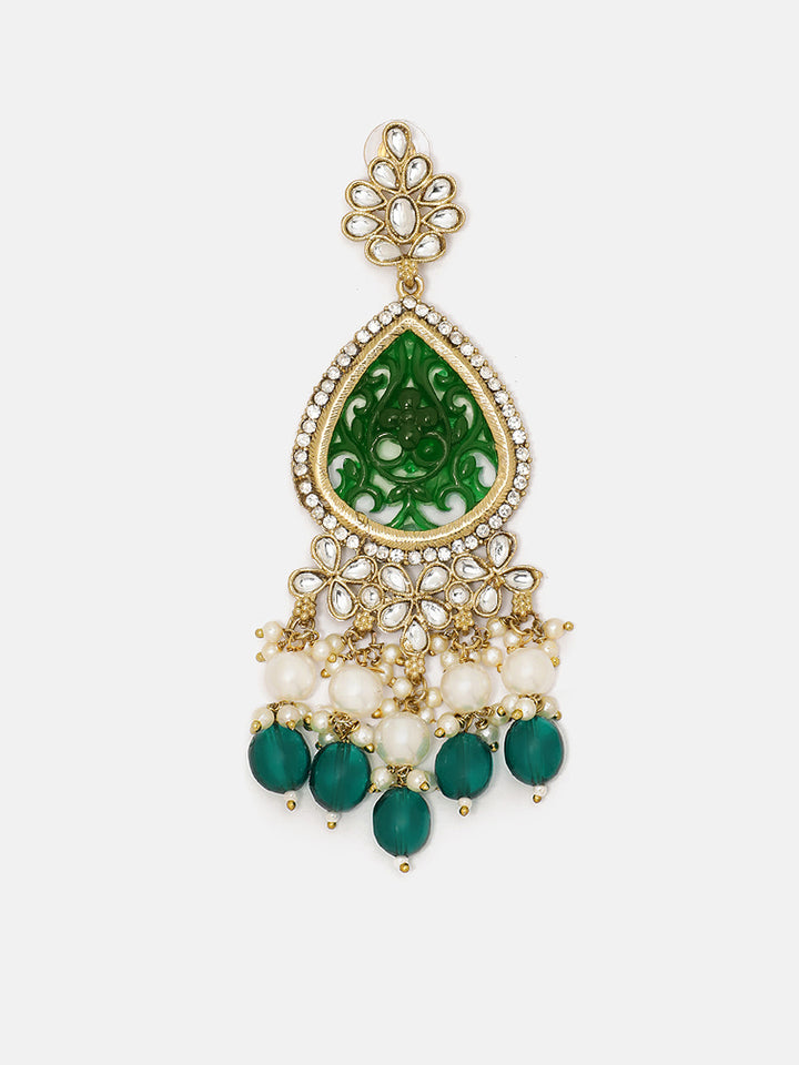 Priyaasi Emerald Floral Design Green Pearl Beads Drop Pattern Gold Plated Earrings