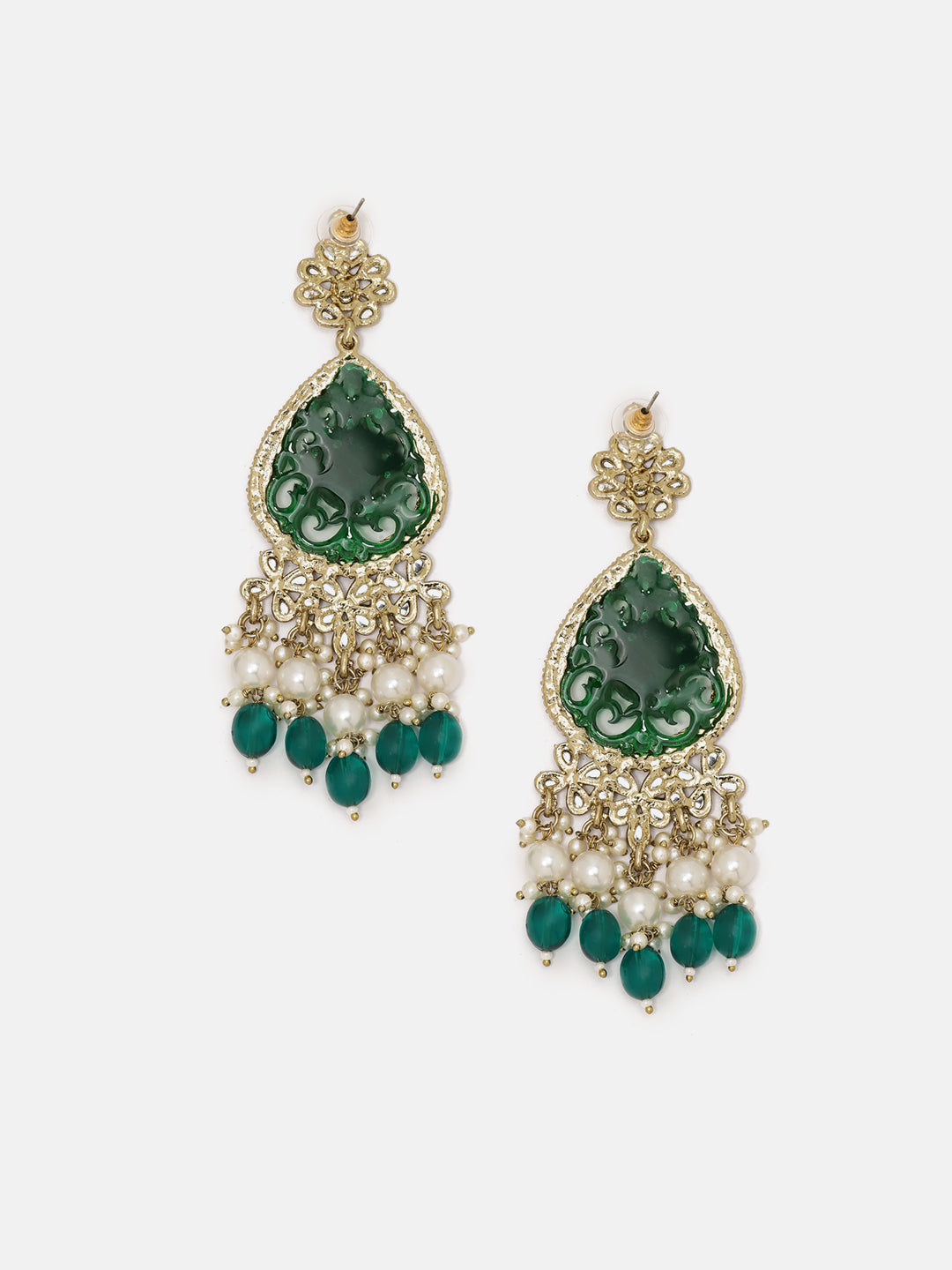 Priyaasi Emerald Floral Design Green Pearl Beads Drop Pattern Gold Plated Earrings