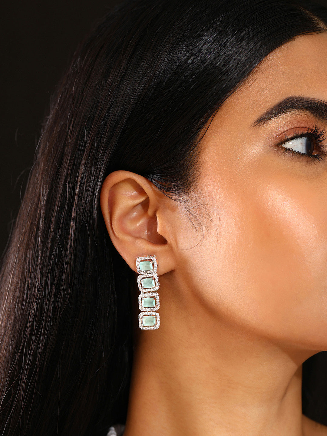 Priyaasi AD Geometrical Elegance Unveiled Silver Plated Mint Stone Stud Earrings