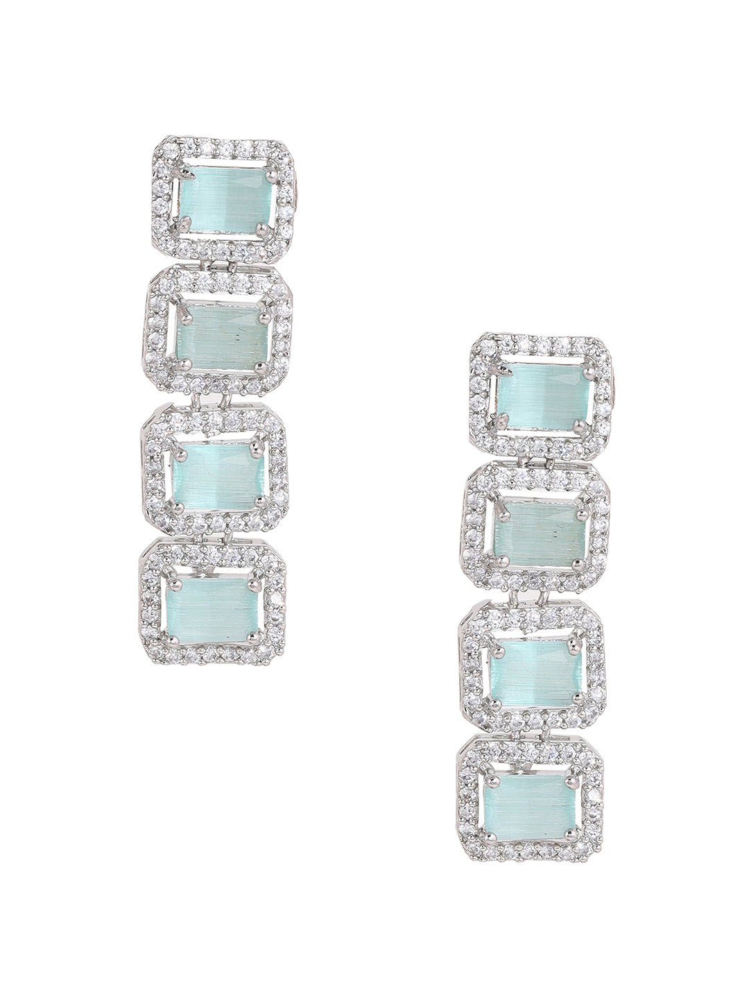 Priyaasi AD Geometrical Elegance Unveiled Silver Plated Mint Stone Stud Earrings