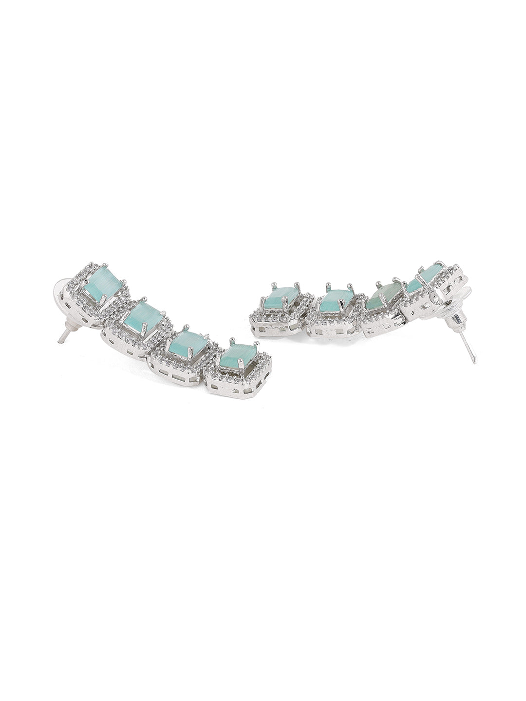 Priyaasi AD Geometrical Elegance Unveiled Silver Plated Mint Stone Stud Earrings
