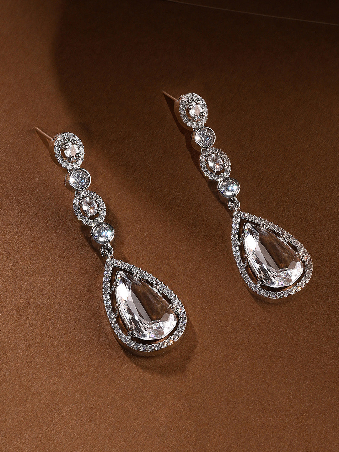 Priyaasi AD Transparent Stone GEometrical SIlver Plated Drop Earrings