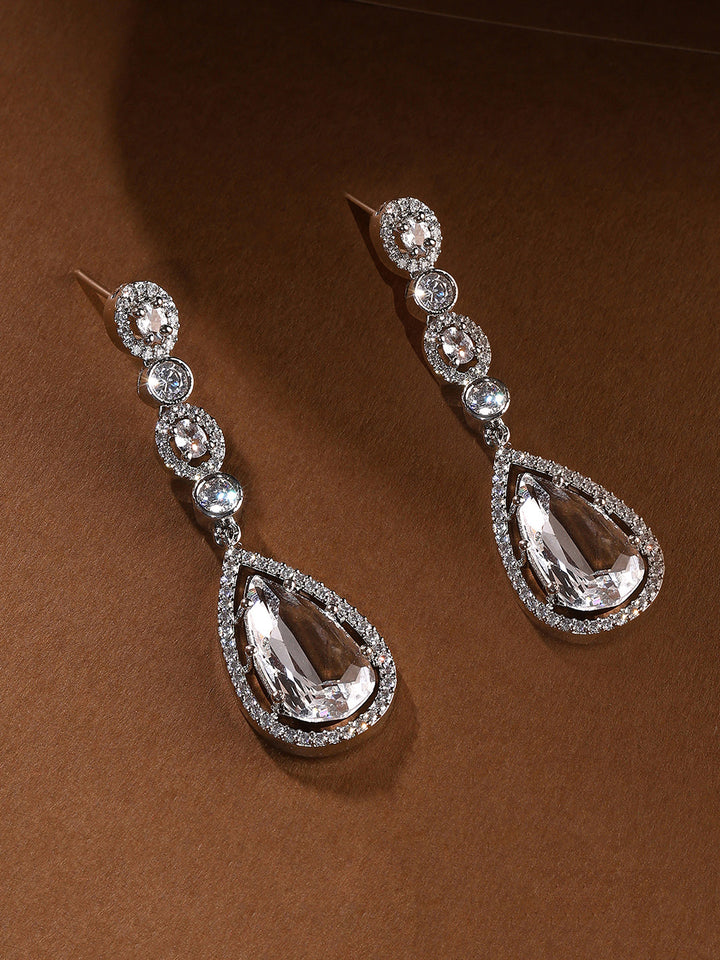 Priyaasi AD Transparent Stone GEometrical SIlver Plated Drop Earrings