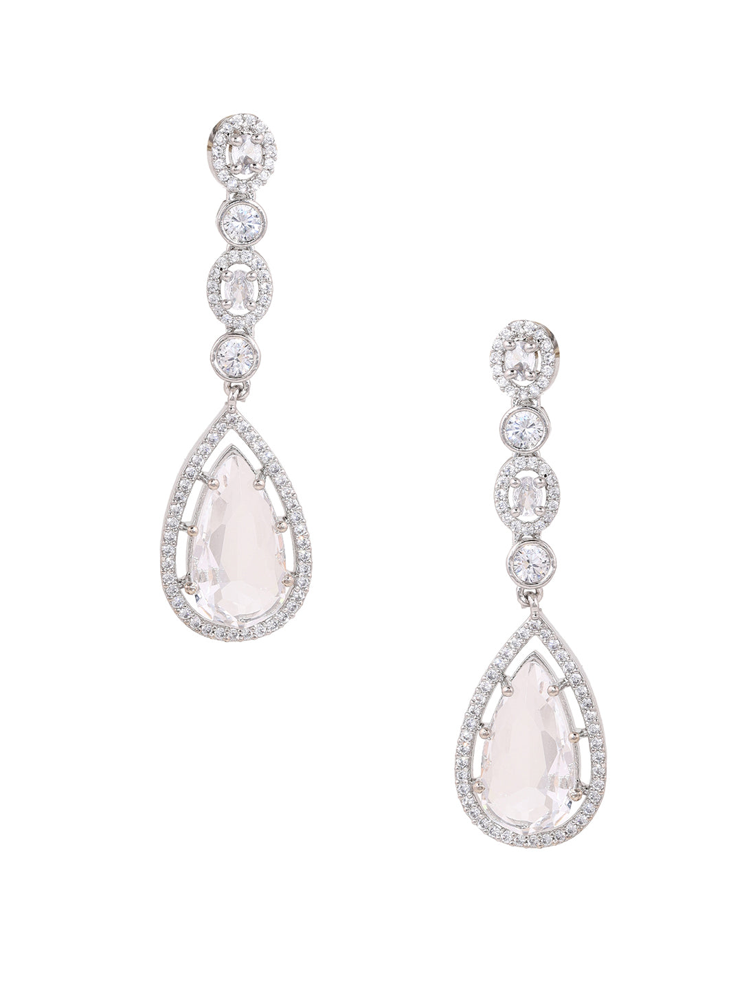 Priyaasi AD Transparent Stone GEometrical SIlver Plated Drop Earrings