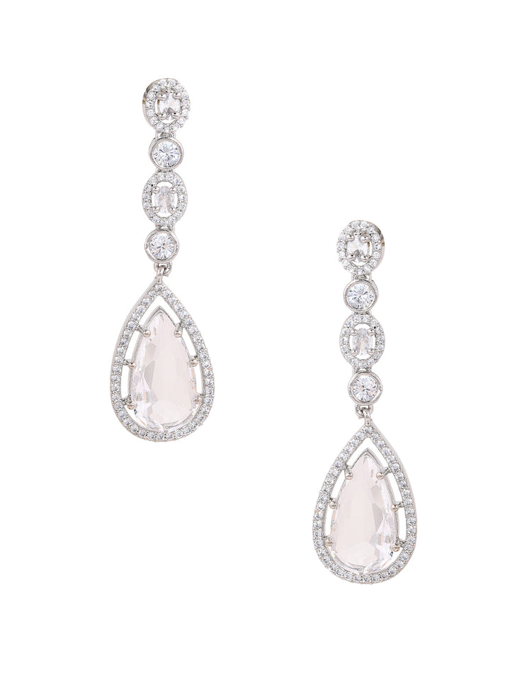 Priyaasi AD Transparent Stone GEometrical SIlver Plated Drop Earrings