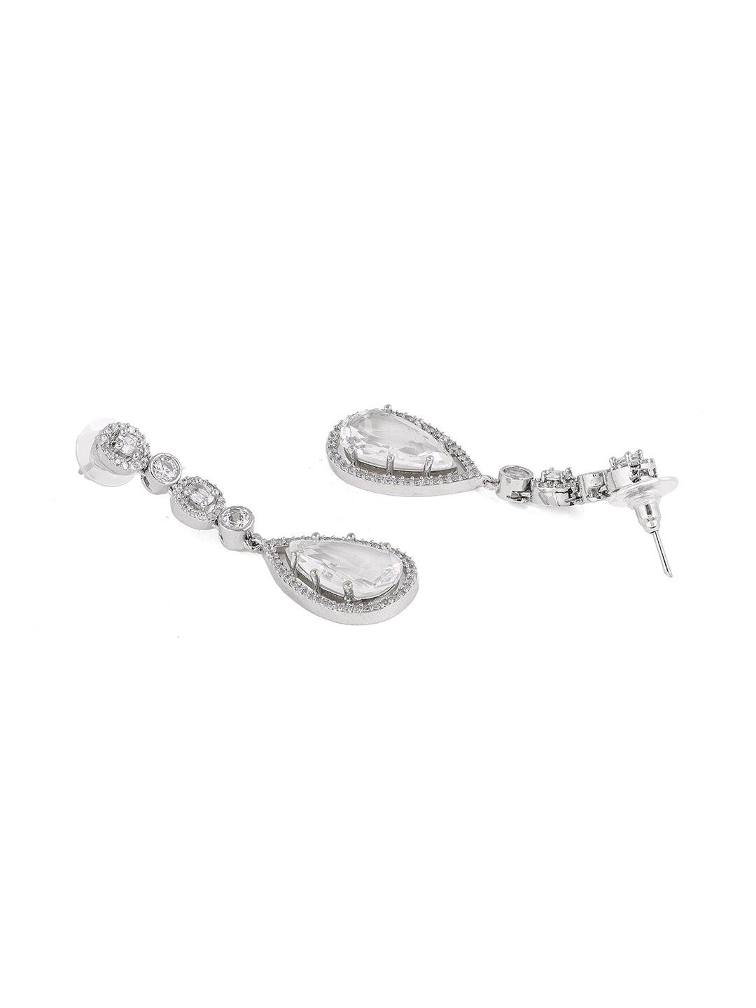 Priyaasi AD Transparent Stone GEometrical SIlver Plated Drop Earrings