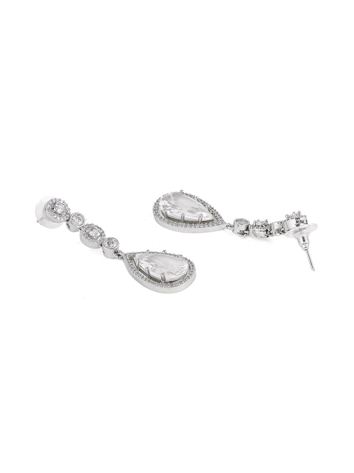 Priyaasi AD Transparent Stone GEometrical SIlver Plated Drop Earrings