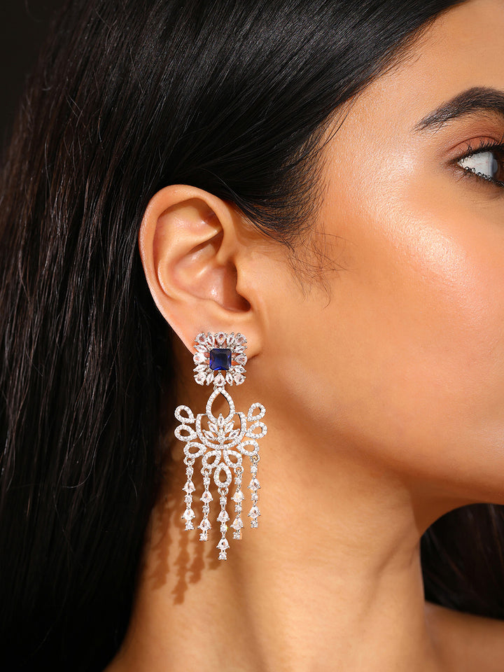 Priyaasi Chic Floral Design Blue Stone AD Silver Plating Tassels Drop Earrings