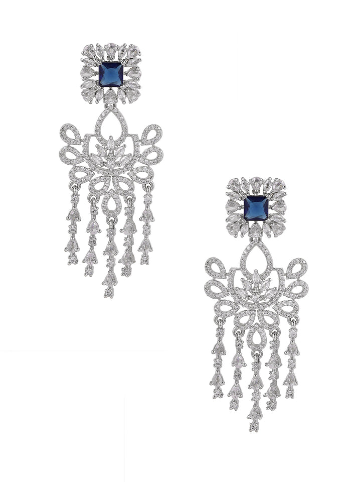 Priyaasi Chic Floral Design Blue Stone AD Silver Plating Tassels Drop Earrings