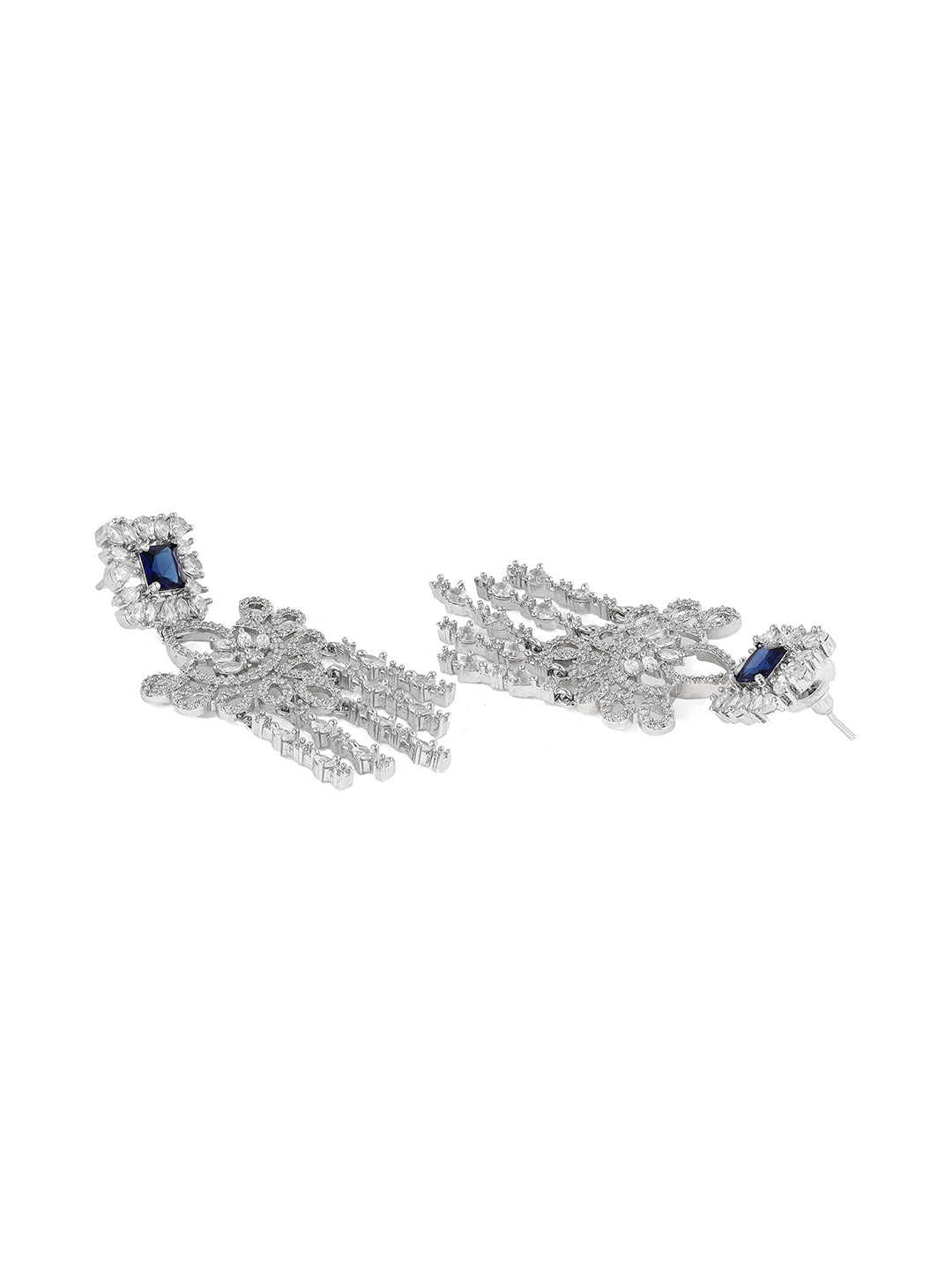 Priyaasi Chic Floral Design Blue Stone AD Silver Plating Tassels Drop Earrings