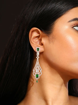 Priyaasi Green Geometrical AD Pattern Silver Plated Drop Earrings