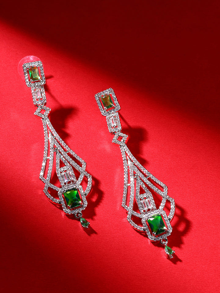 Priyaasi Green Geometrical AD Pattern Silver Plated Drop Earrings