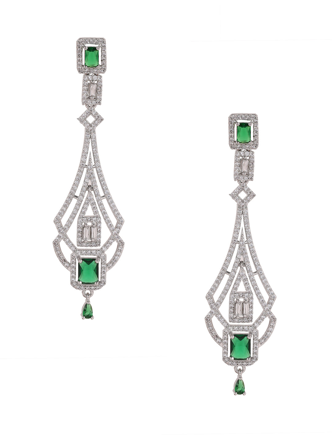 Priyaasi Green Geometrical AD Pattern Silver Plated Drop Earrings