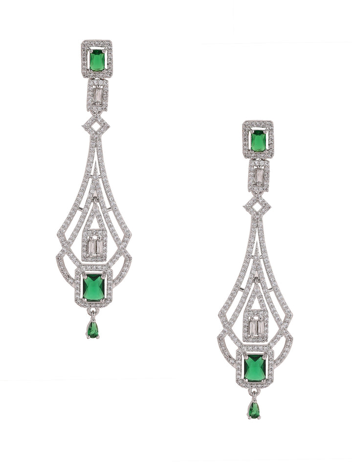 Priyaasi Green Geometrical AD Pattern Silver Plated Drop Earrings