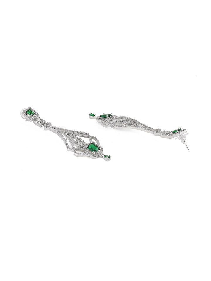 Priyaasi Green Geometrical AD Pattern Silver Plated Drop Earrings