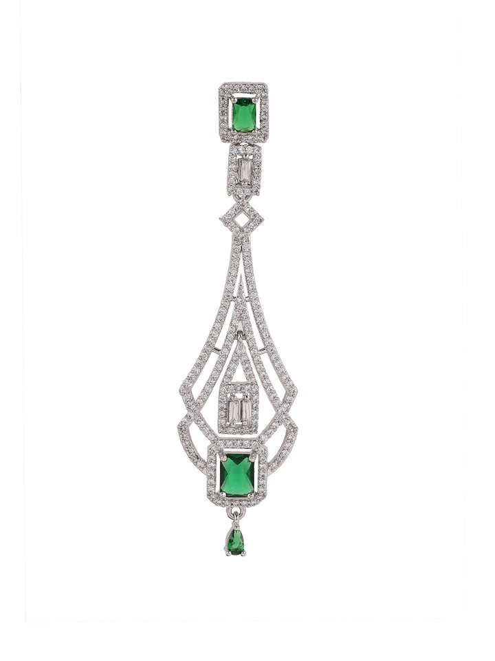 Priyaasi Green Geometrical AD Pattern Silver Plated Drop Earrings