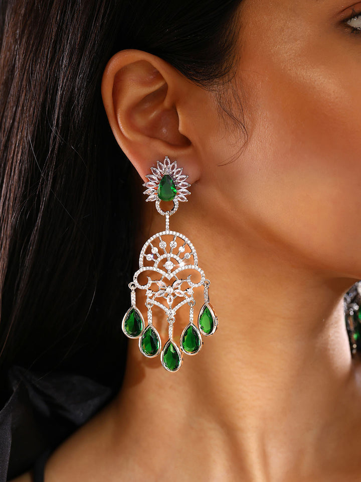 Priyaasi Antique Emerald Floral Design Silver Plated Drop Earrings