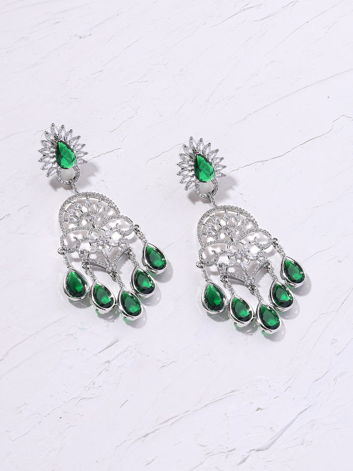 Priyaasi Antique Emerald Floral Design Silver Plated Drop Earrings