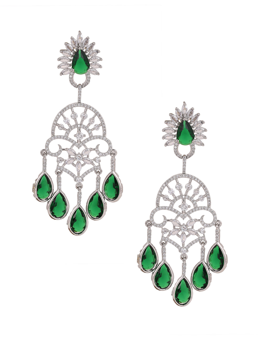 Priyaasi Antique Emerald Floral Design Silver Plated Drop Earrings