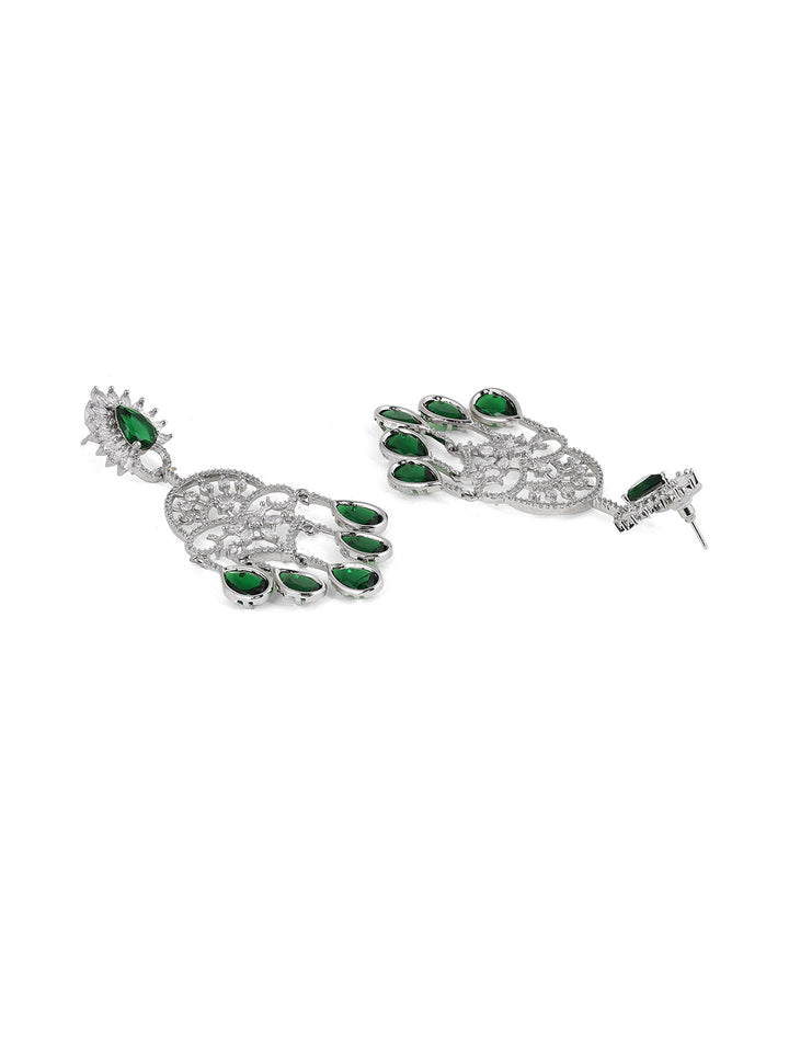 Priyaasi Antique Emerald Floral Design Silver Plated Drop Earrings