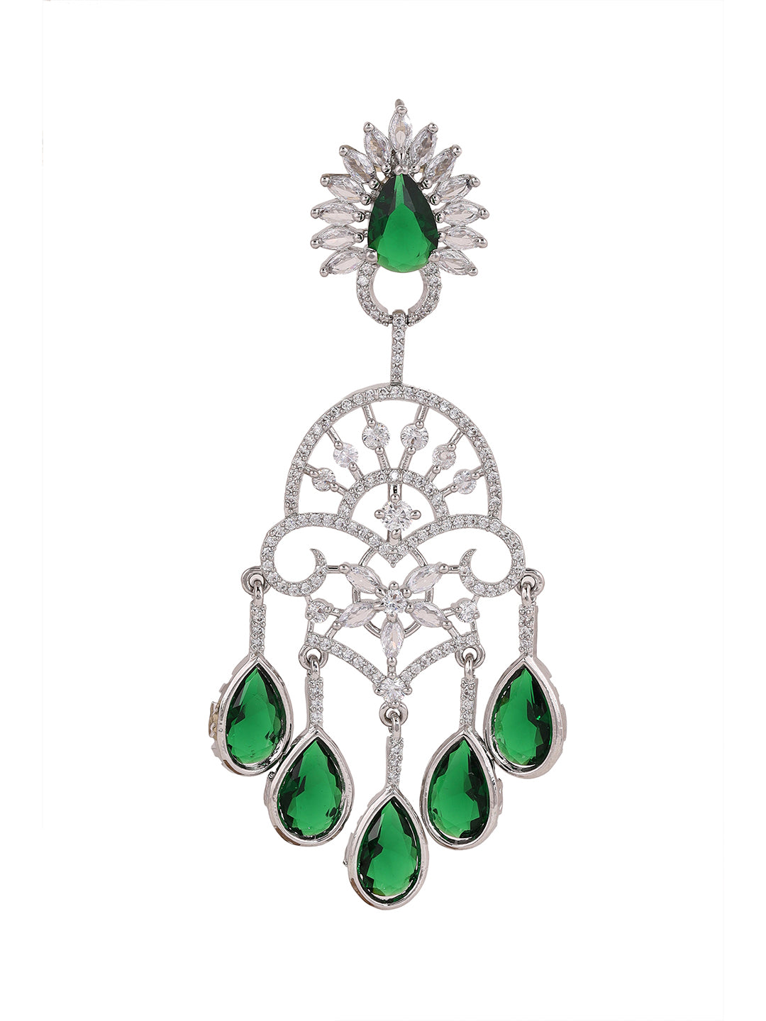 Priyaasi Antique Emerald Floral Design Silver Plated Drop Earrings