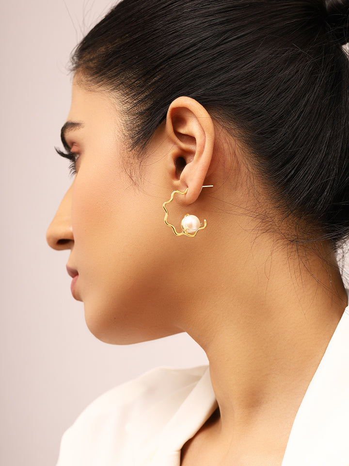 Priyaasi Floral Pearl Gold Plated Hoop Earrings