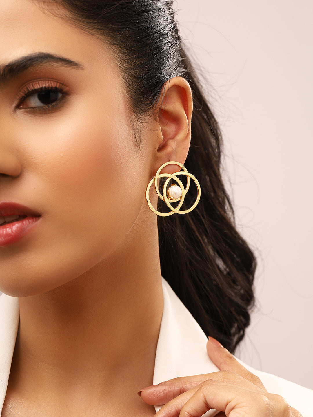 Priyaasi Geometric Circles Gold Plated Pearl Stud Earrings