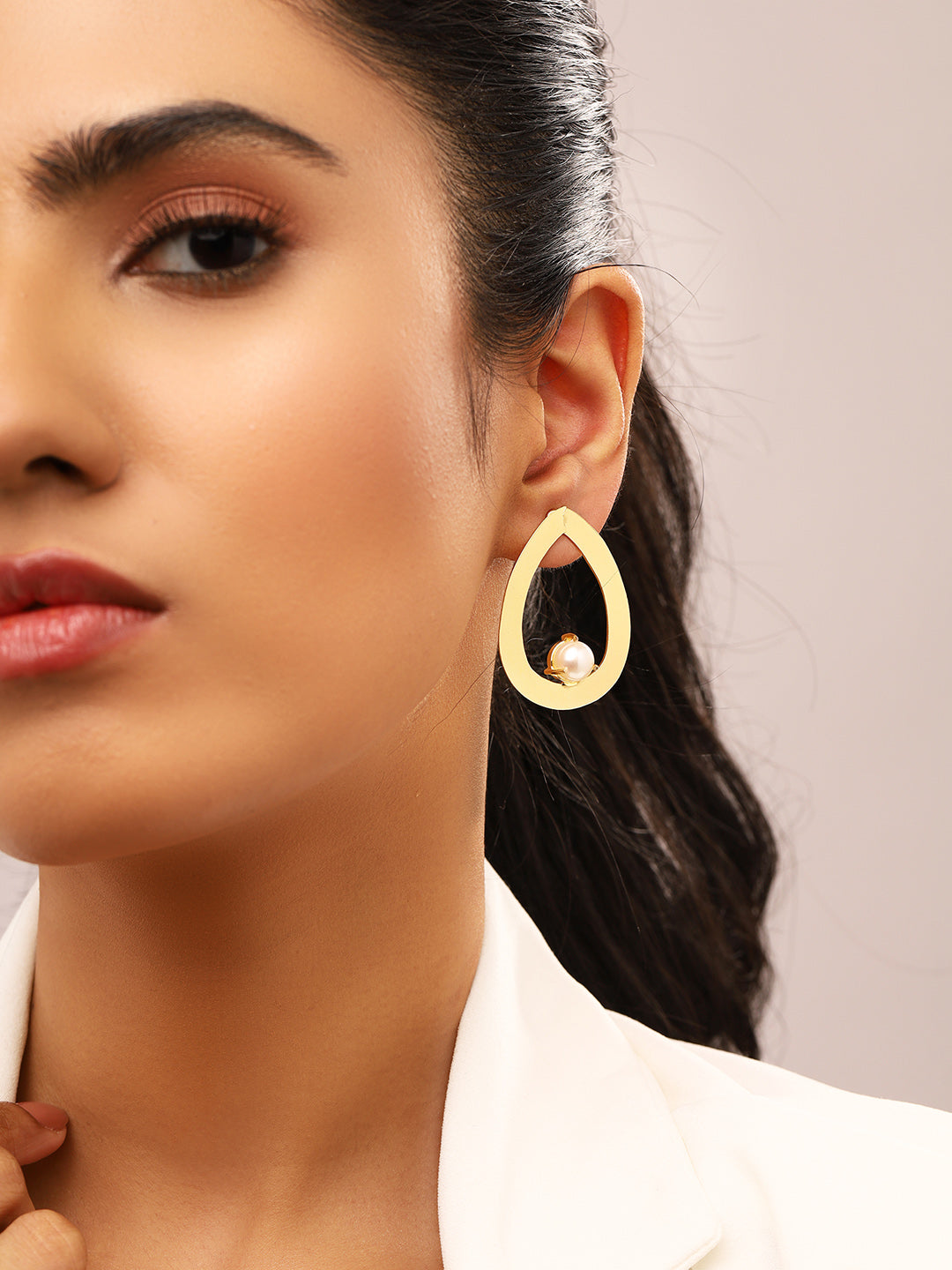 Priyaasi Matte Drop Shaped Pearl Gold Plated Earrings