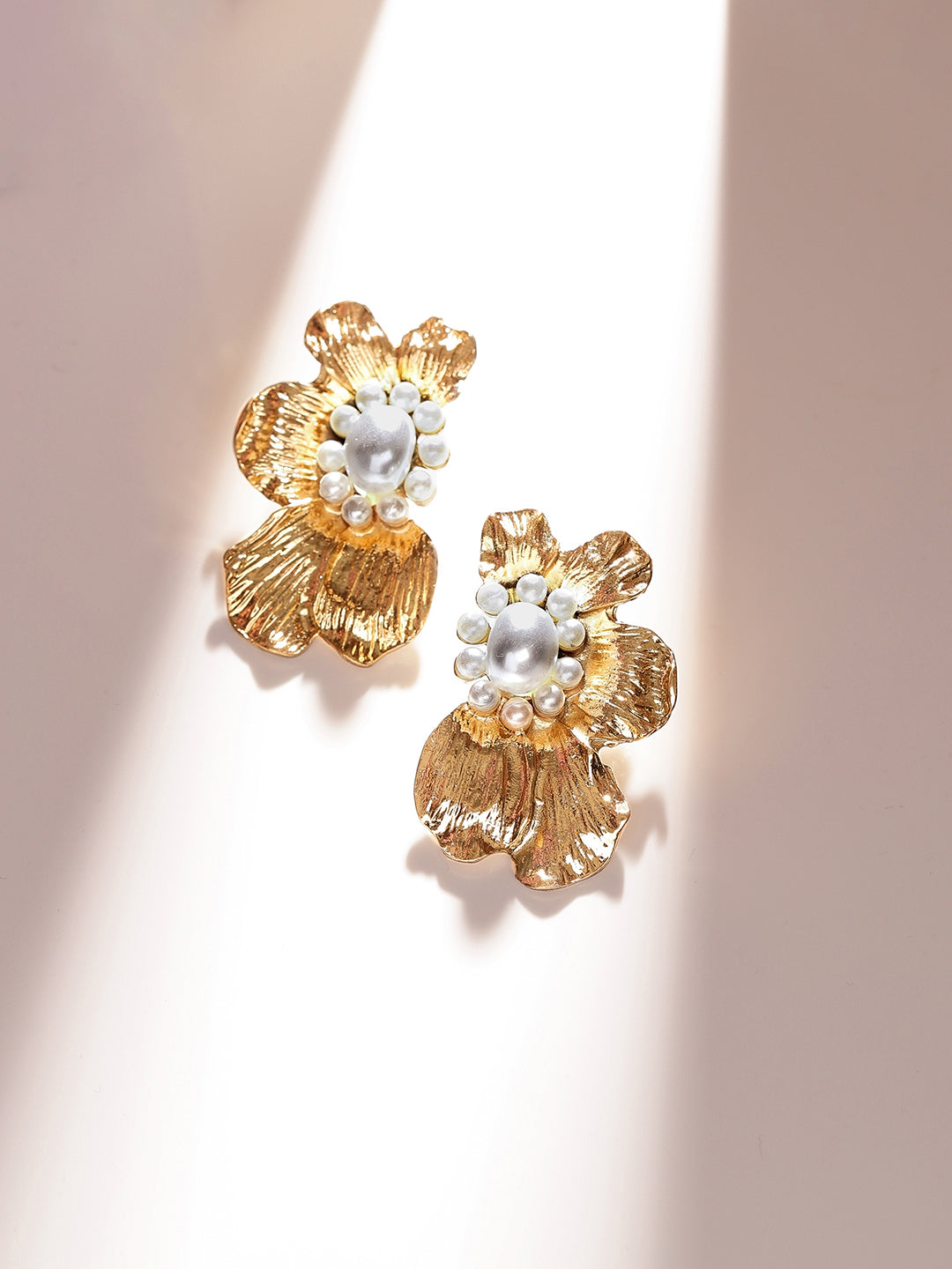 Gold Plated Floral Pearl Statement Look Stud Earrings
