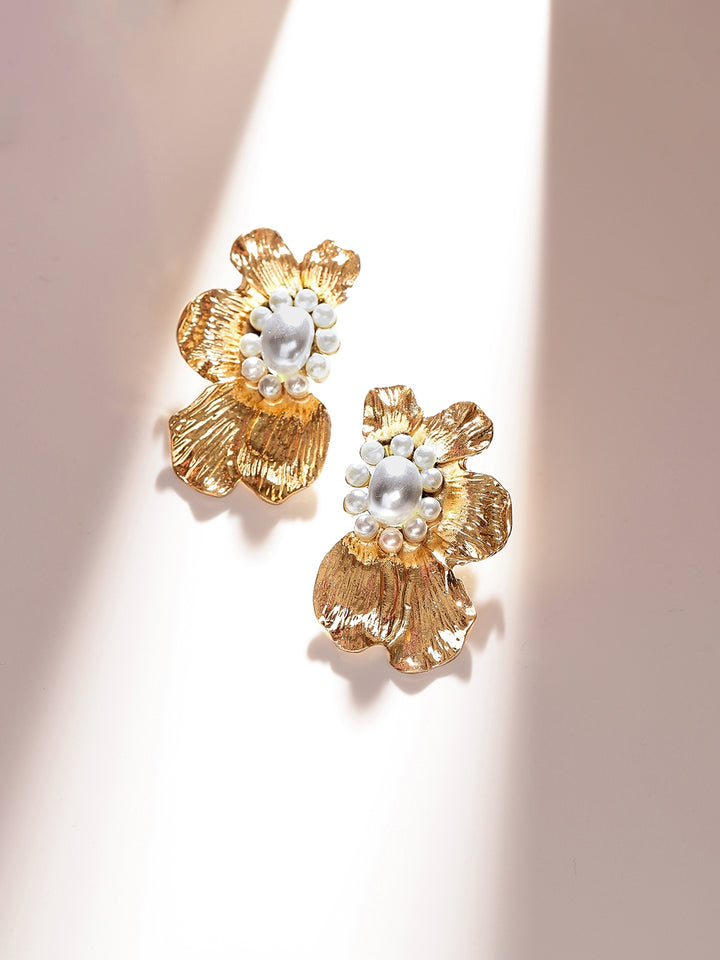 Gold Plated Floral Pearl Statement Look Stud Earrings